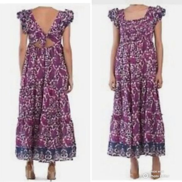 House of Harlow 1960 Batik Maxi Dress Ruffles Cut-Out Back Tie, size L - Picture 12 of 12